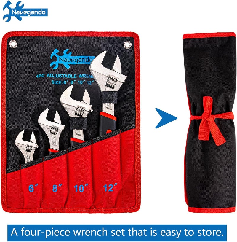 Navegando 4-Piece Adjustable Wrench Set, 6/8/10/12 Inch, Heat Treated Carbon Steel with Non-Slip Rubber Grip，Corrosion Resistant Finish for Automotive, Plumbing & DIY Repairs - Image 2